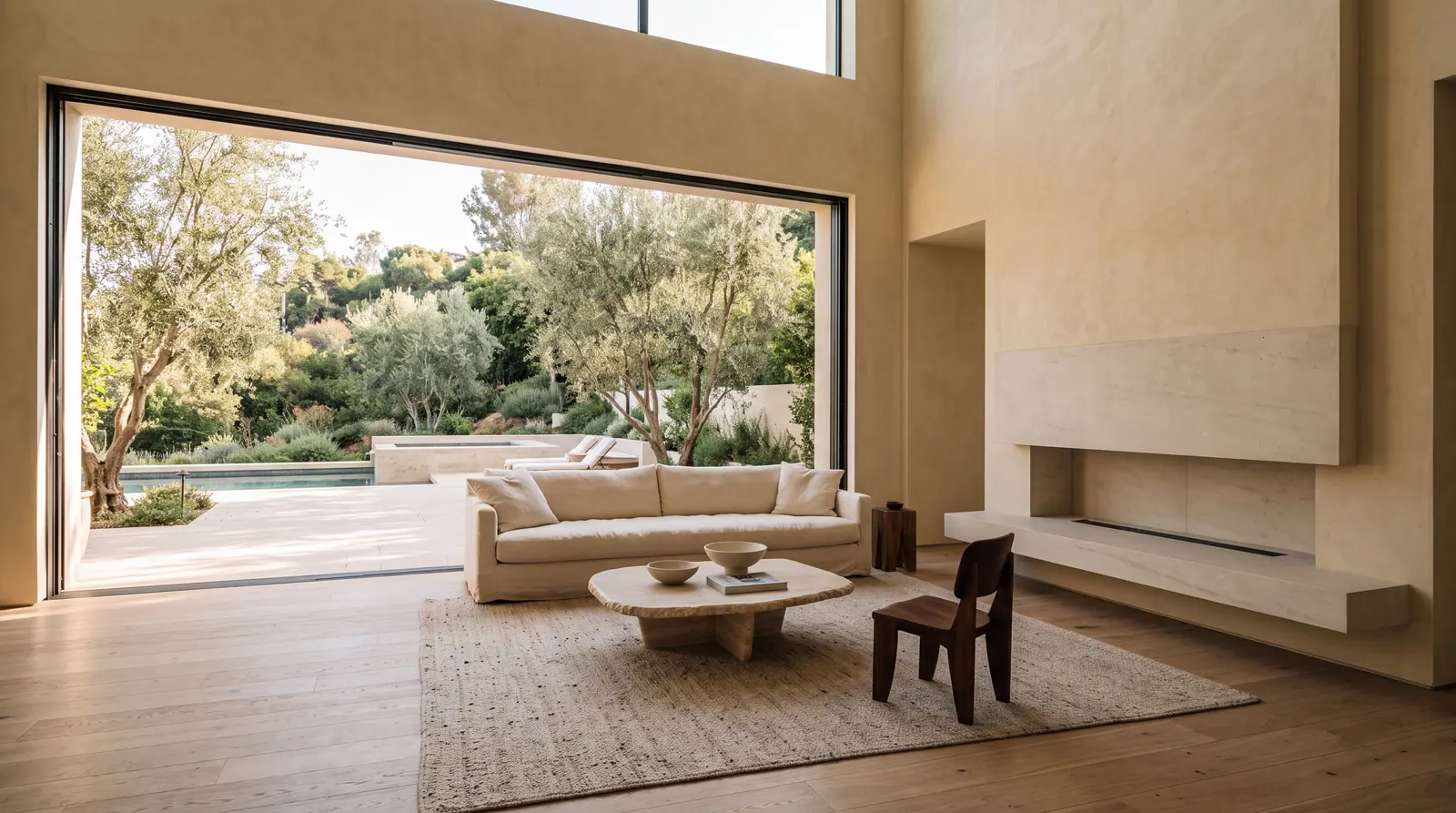 Double-height great room that opens through a wall of glass to a pool terrace and olive trees