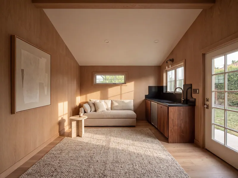 Vaulted studio interior paneled in white oak, with a sofa, a woven rug and a walnut kitchenette