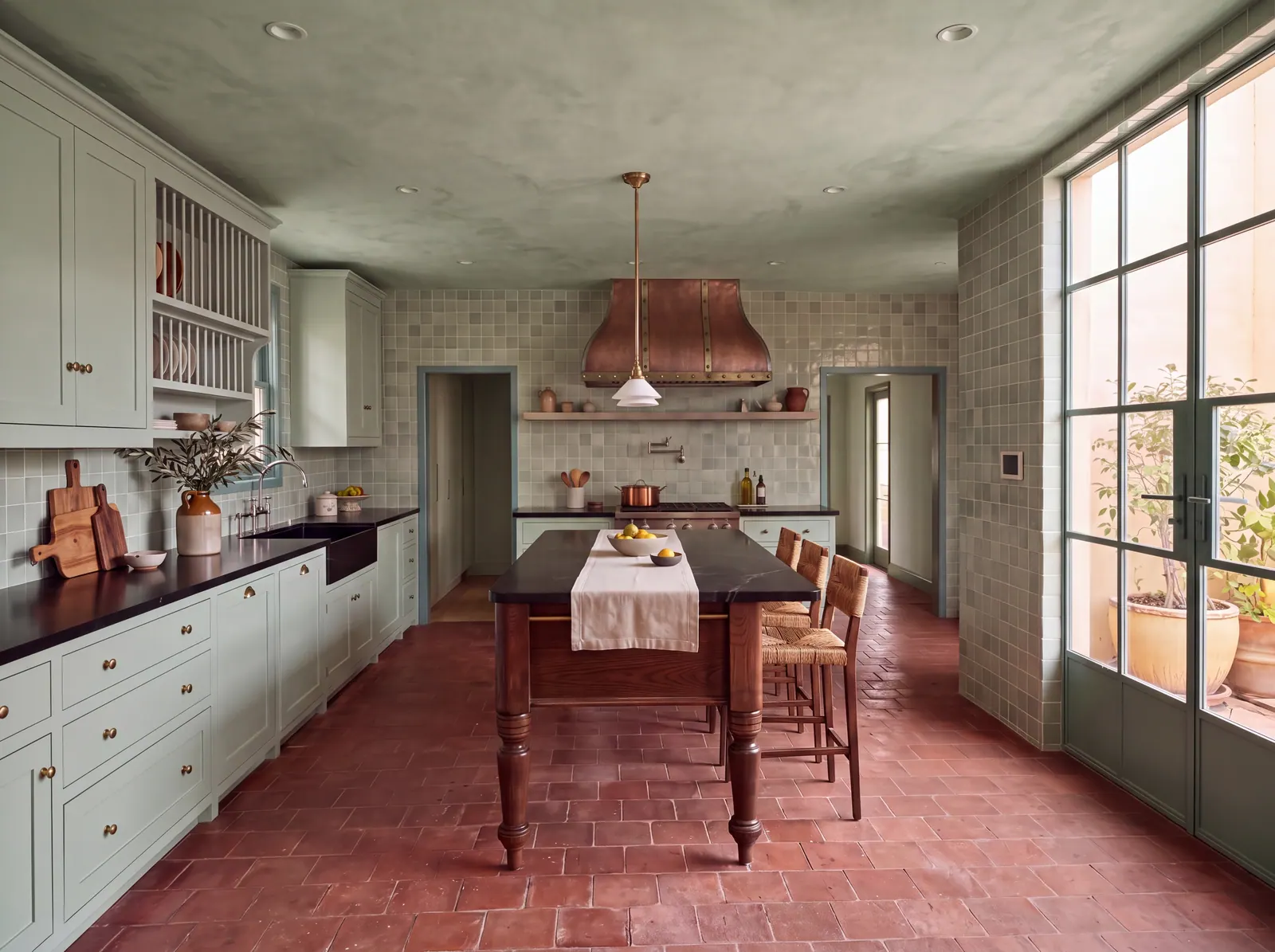 Kitchen with sage-painted cabinetry, a copper range hood over glazed sage tile, a wood work table and terracotta floor