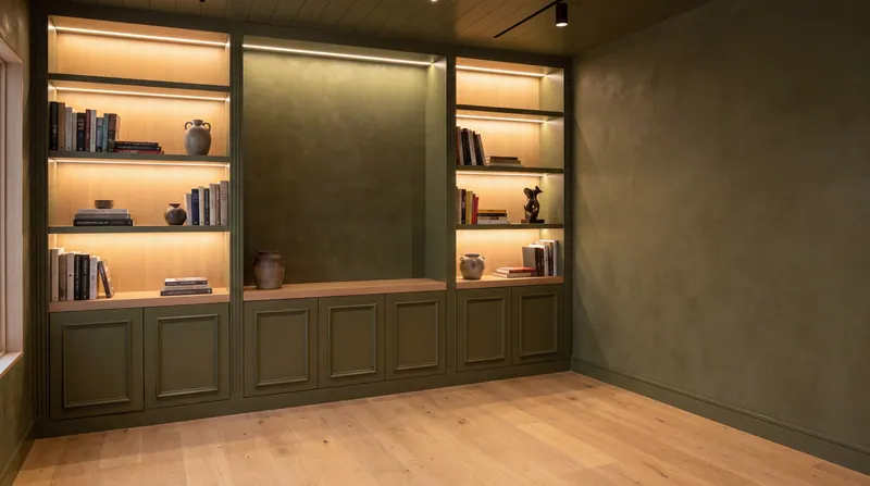 Olive raised-panel built-in cabinets with LED-backlit white oak shelves under a slatted wood ceiling