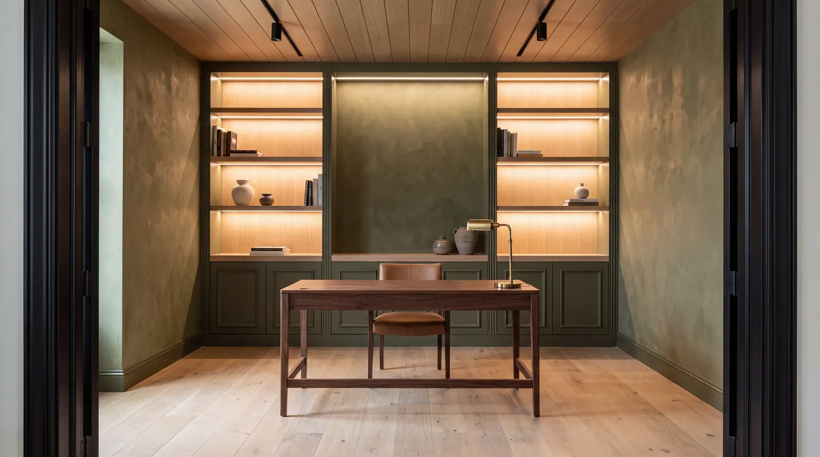 Study with olive lacquered built-ins, backlit white oak shelving, olive Venetian plaster walls and a walnut desk