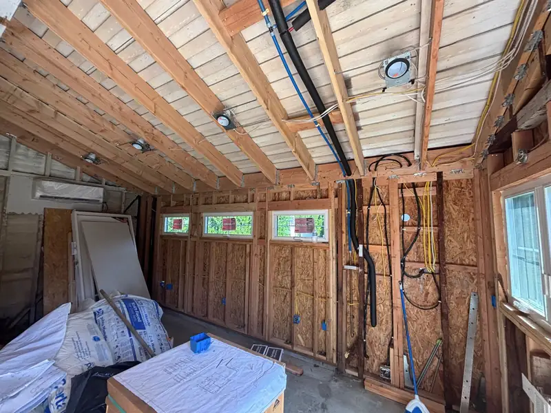 Vaulted framing with new electrical and plumbing rough-in