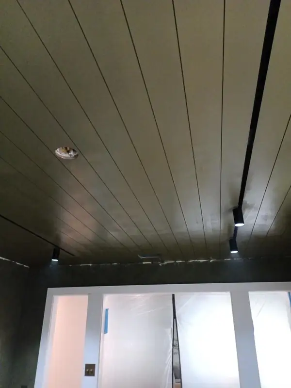 Dark slatted wood ceiling with track lighting installed