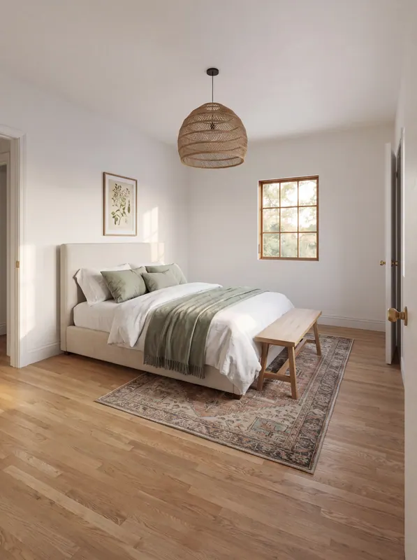 Bedroom with an upholstered bed, a wood bench and a vintage rug on oak floors