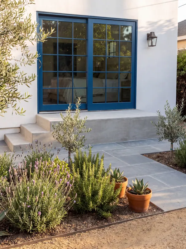 Cobalt divided-lite French doors over new concrete steps, a bluestone path and Mediterranean planting