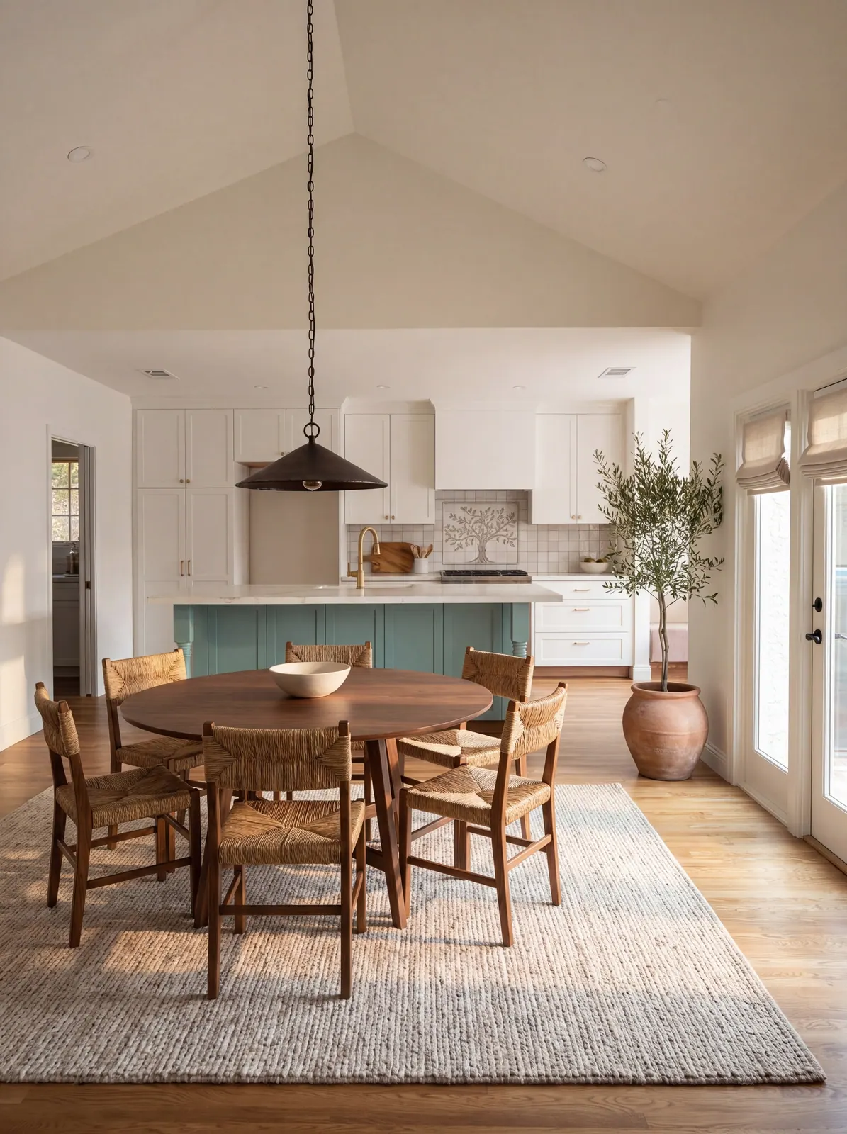 Vaulted great room opening to the kitchen, with a teal island, white shaker cabinetry, white oak floors and a walnut dining table