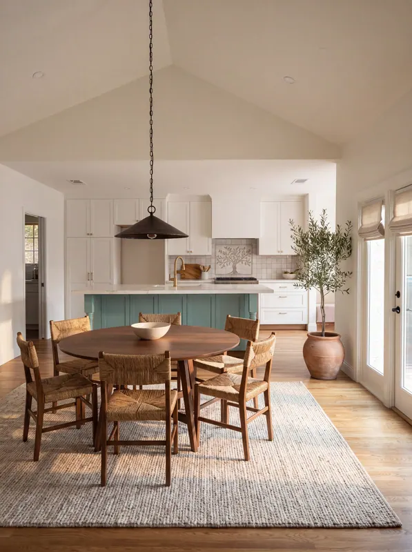 Vaulted great room opening to the kitchen, with a teal island, white shaker cabinetry, white oak floors and a walnut dining table
