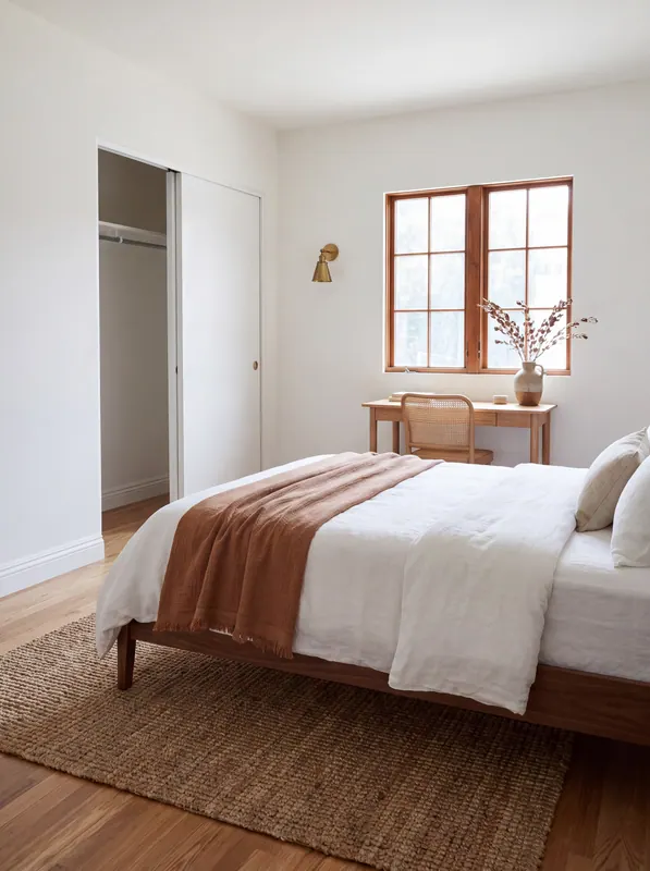 Guest bedroom with a wood bed, a writing desk under a divided-lite window and a brass wall sconce