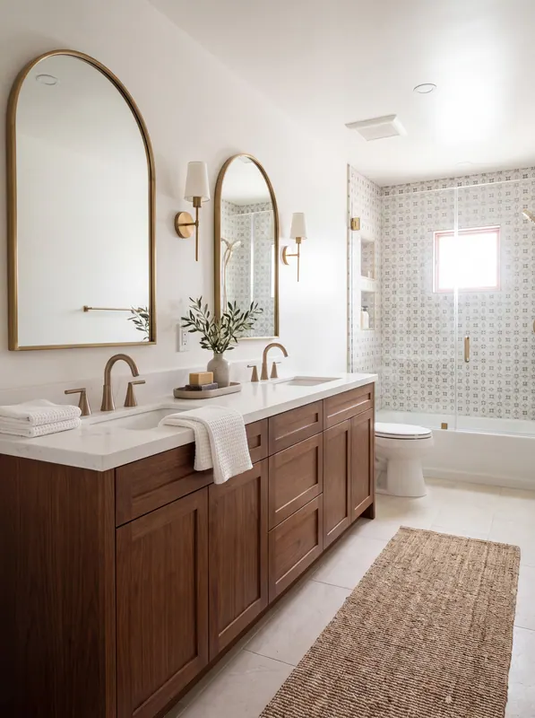 Primary bath with a walnut double vanity, arched brass mirrors and a patterned tile shower behind frameless glass