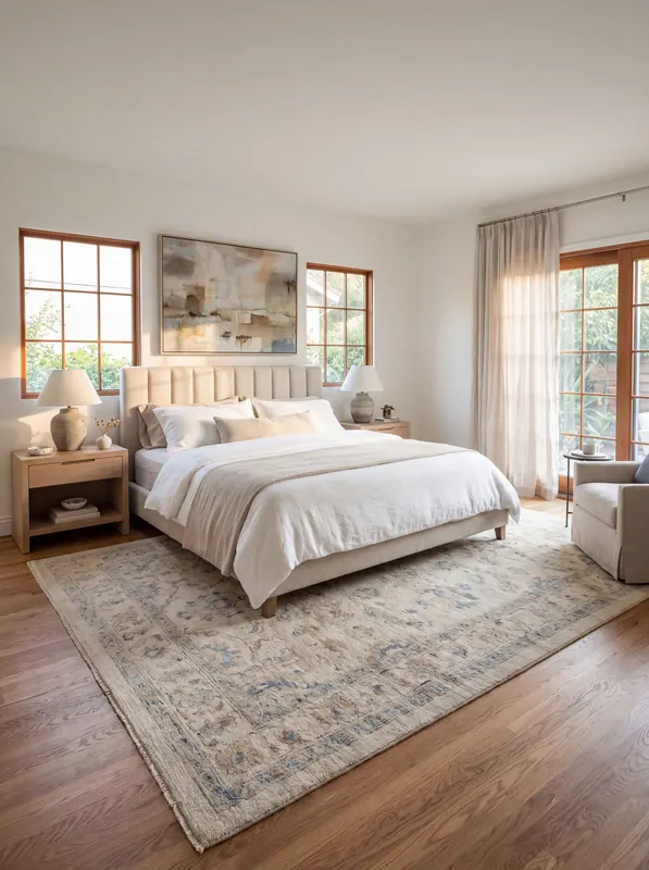Primary bedroom with an upholstered bed, wood divided-lite windows and doors, and a patterned wool rug